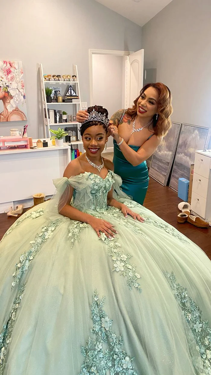 Robe de bal en dentelle à épaules dénudées vert sauge pour les 16 ans J4581