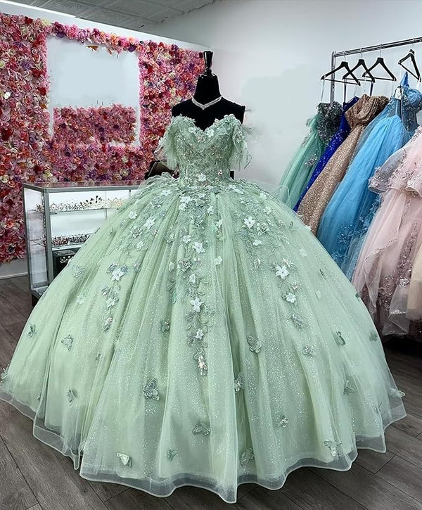 Lace Off The Shoulder Ball Gown Sage Green Sweet 16 Quinceanera Dress J4581