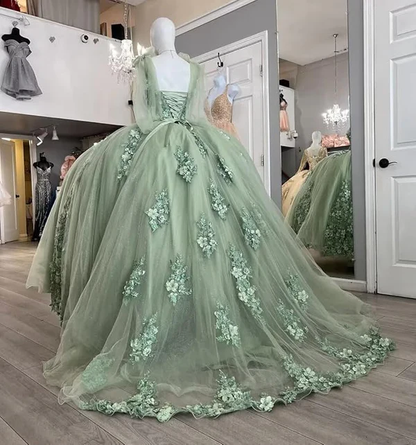 Robe de bal en dentelle à épaules dénudées vert sauge pour les 16 ans J4581