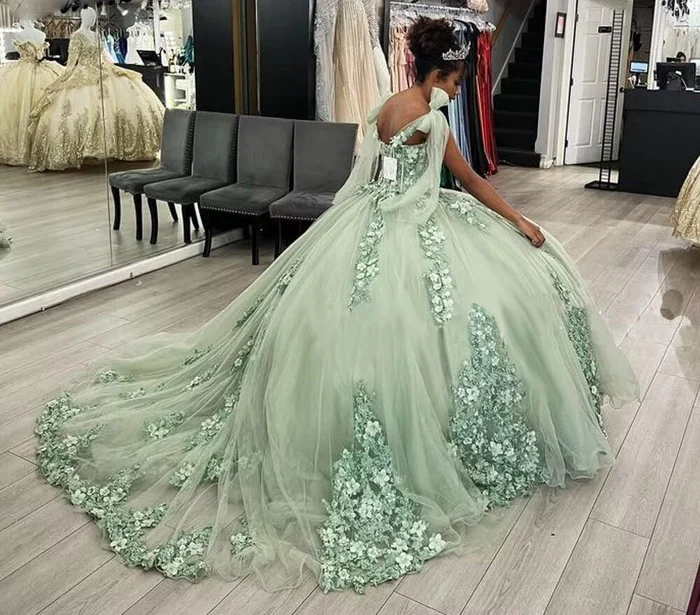 Lace Off The Shoulder Ball Gown Sage Green Sweet 16 Quinceanera Dress J4581