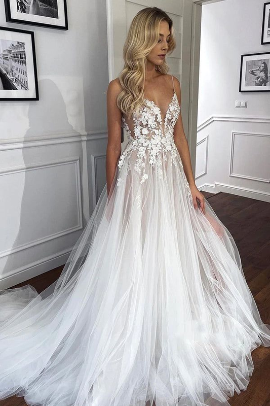 V Neck Lace A Line Tulle Appliques Wedding Dress With Slit J4538