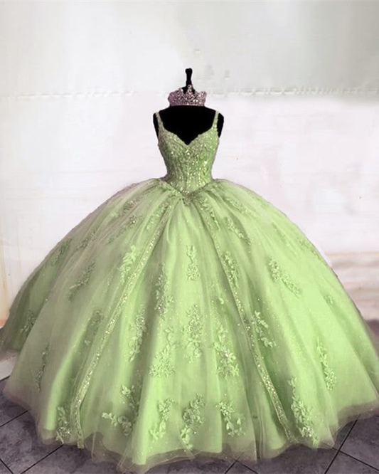 V Neck Green Birthday Ball Gown Appliques Sweet 16 Quinceanera Dress J4582