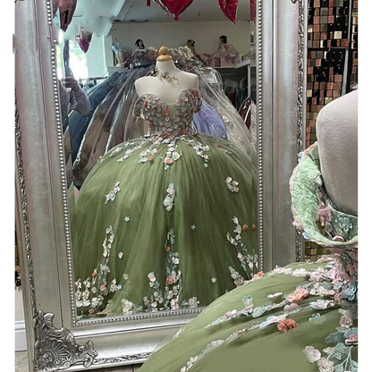 Robe de Quinceanera vert sauge, motif floral 3D, robe de bal pour les 15 ans, J4583