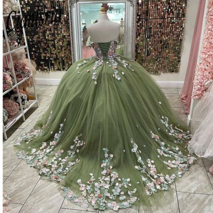Robe de Quinceanera vert sauge, motif floral 3D, robe de bal pour les 15 ans, J4583
