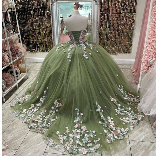 Sage Green Quinceanera Dresses 3d Flower Princess Sweet 15 Ball Gown J4583