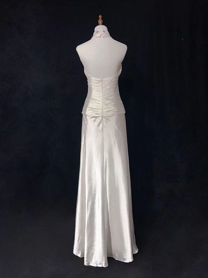 V Neck A Line Satin Long Prom Dresses Halter Wedding Dress J4545
