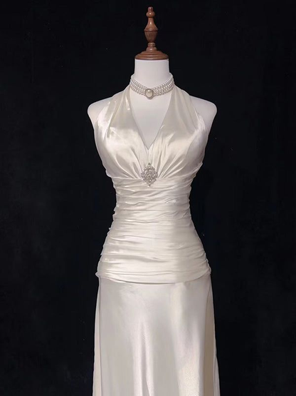 V Neck A Line Satin Long Prom Dresses Halter Wedding Dress J4545