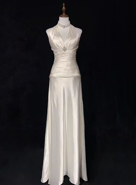 V Neck A Line Satin Long Prom Dresses Halter Wedding Dress J4545