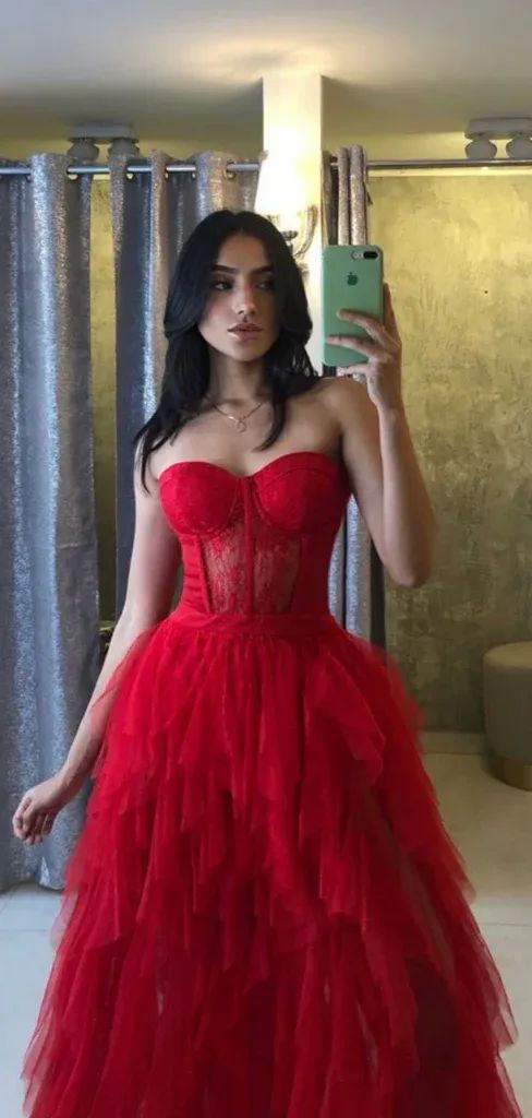 Sweetheart Strapless A Line Tulle Ruffles Long Prom Dresses J4546