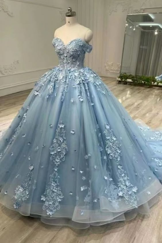 Off The Shoulder Blue Strapless Evening Dress Applique Quinceanera Ball Gown J4589