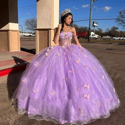 Purple Quinceanera Dresses With 3d Butterfly Sweet 16 Prom Ball Gowns J4593