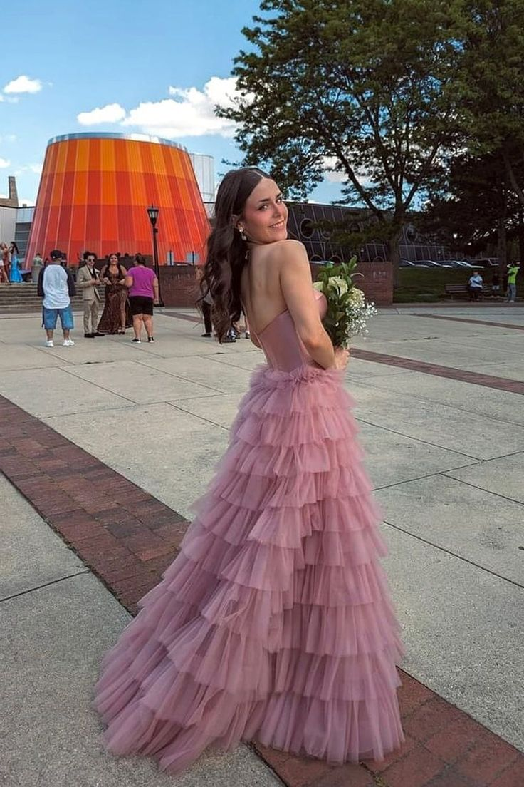 A Line Sweetheart Pink Layered Tulle Long Prom Dresses J4605