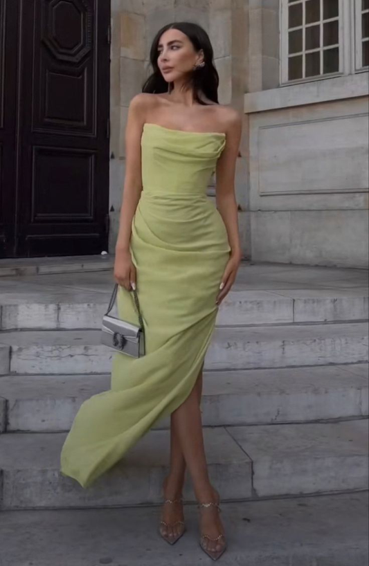 Strapless Sheath Green Chiffon Long Prom Dress J4571