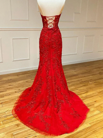 Robe de soirée sirène rouge en dentelle à col en cœur, robe de bal formelle J4614