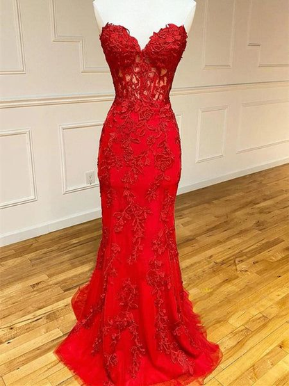 Robe de soirée sirène rouge en dentelle à col en cœur, robe de bal formelle J4614