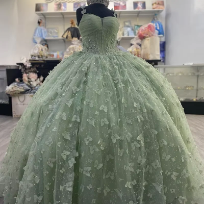 Robe de Quinceanera verte à motif papillon 3D, robe de bal Sweet 16, J4630