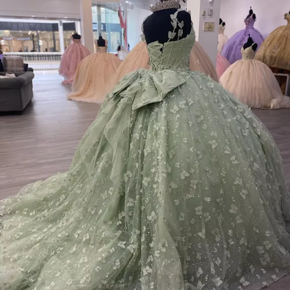 Robe de Quinceanera verte à motif papillon 3D, robe de bal Sweet 16, J4630