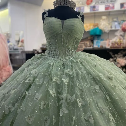 Robe de Quinceanera verte à motif papillon 3D, robe de bal Sweet 16, J4630