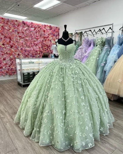 Robe de Quinceanera verte à motif papillon 3D, robe de bal Sweet 16, J4630