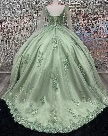 Sage Green Quinceanera Sweet 16 Ball Gown Lace Birthday Party Dress J4631