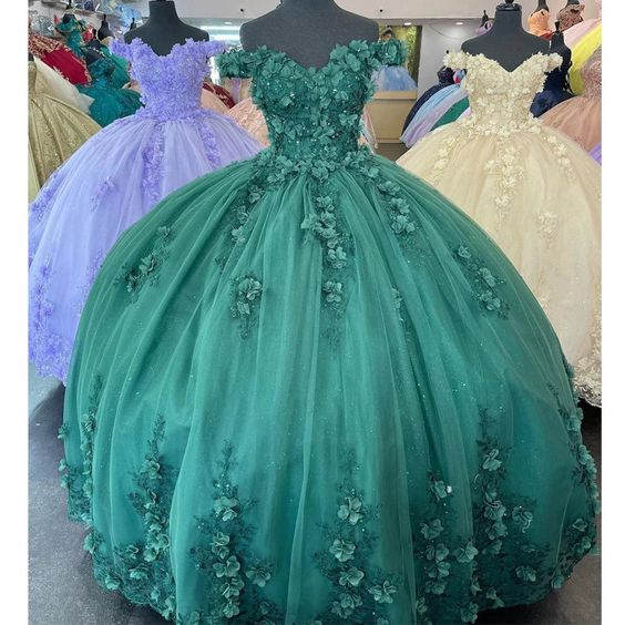 Green Quinceanera Dresses 3d Flower Applique Sweet 16 Ball Gowns J4632