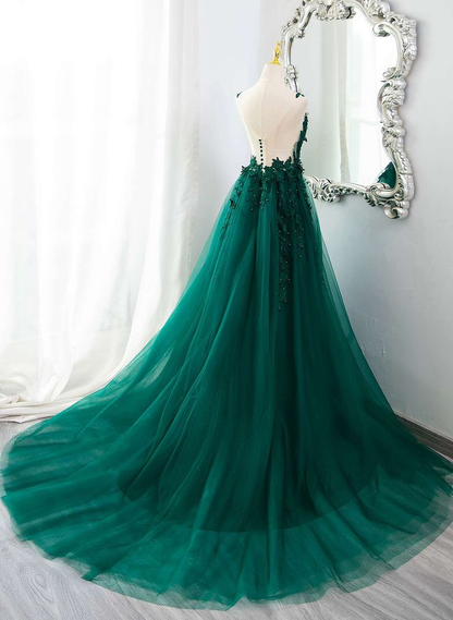 Robe de soirée longue en tulle vert à col en V et appliques en dentelle J4633