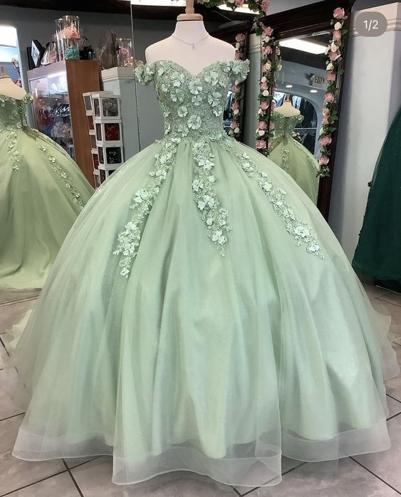 Off The Shoulder Sage Green Quinceanera Dresses Flowers Sweet 16 Ball Gowns J4634