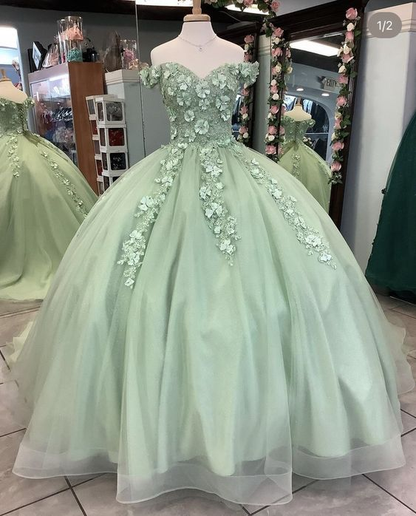 Robe de Quinceanera vert sauge à épaules dénudées et fleurs pour les 16 ans J4634