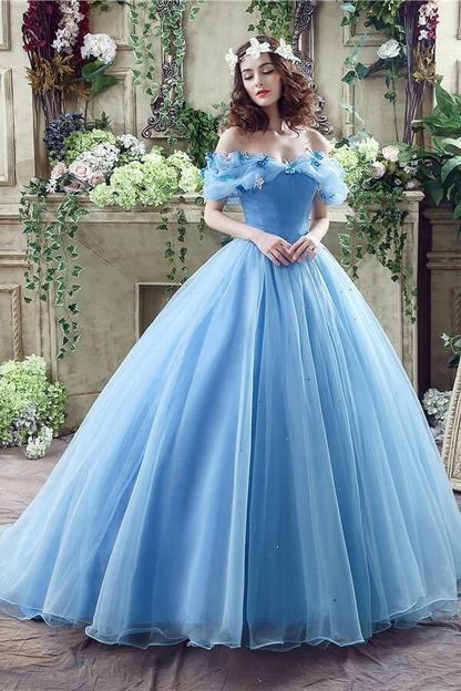 Robe de bal trapèze bleue en tulle à épaules dénudées, robe de soirée formelle J4635