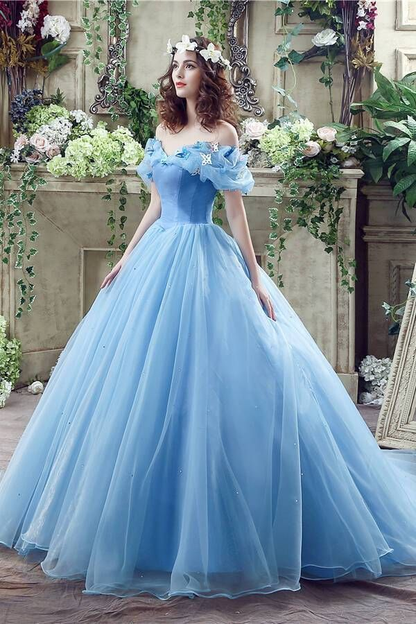 Robe de bal trapèze bleue en tulle à épaules dénudées, robe de soirée formelle J4635