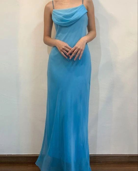 Spaghetti Straps Blue Sheath Long Prom Dresses  J4638