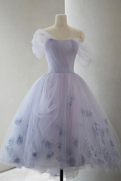 Robe de bal courte en tulle violet, coupe trapèze, jolie robe de soirée à épaules dénudées, J4641