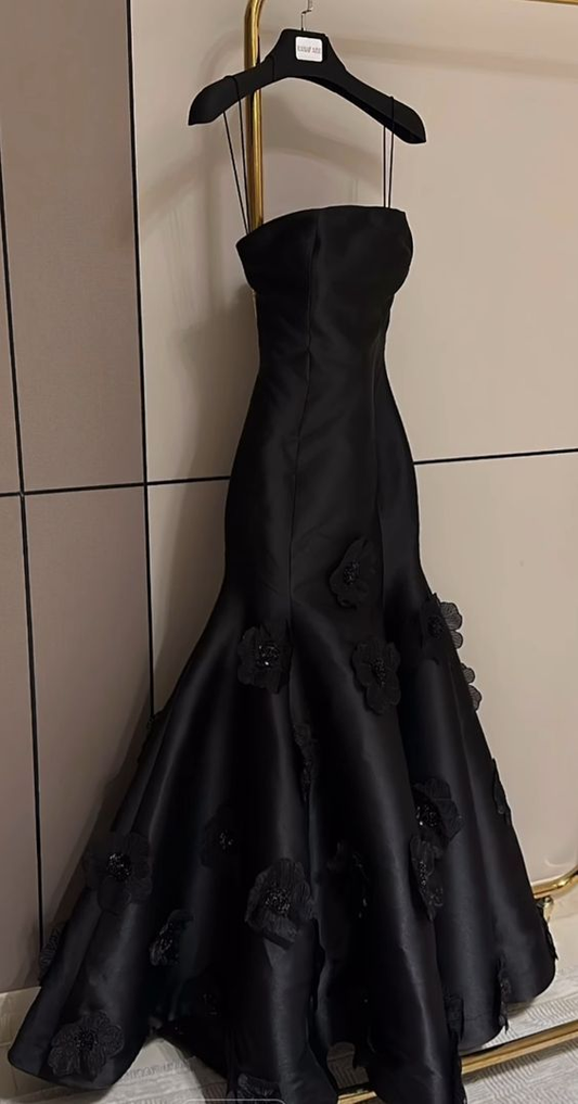 Spaghetti Straps Mermaid Black Satin Long Prom Dress 3d Flower Wedding Dress J4642