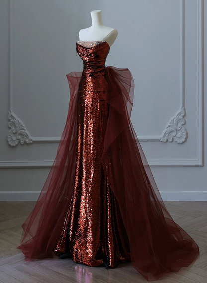 Burgundy Sequins Tulle Long Party Dress Evening Prom Dress J4647