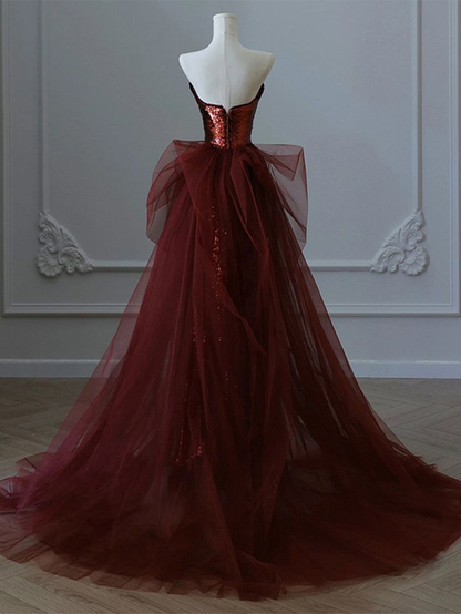 Burgundy Sequins Tulle Long Party Dress Evening Prom Dress J4647