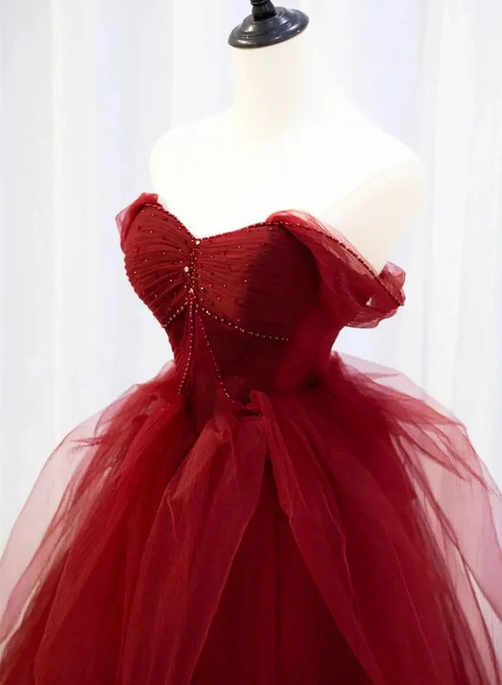 Wine Red Sweetheart Tulle Beaded Long Party Dress A Line Prom Dress J4652