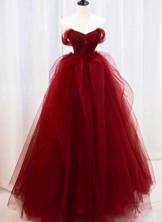 Wine Red Sweetheart Tulle Beaded Long Party Dress A Line Prom Dress J4652