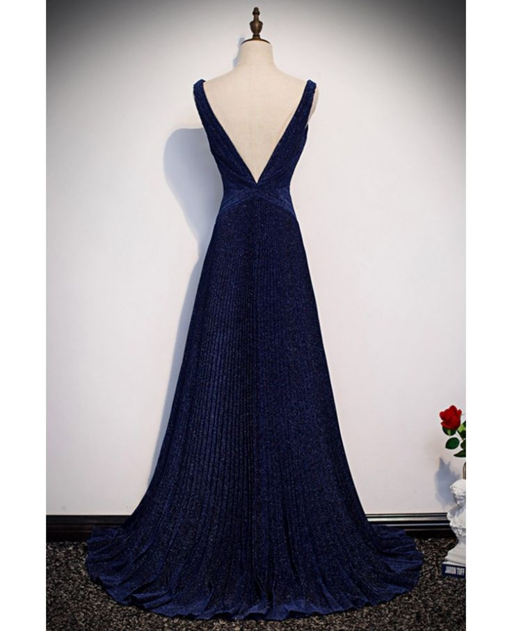 V Neck Navy Blue Pleated Long Prom Dress A Line Evening Dress J4654