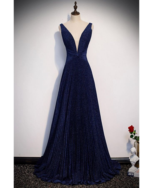 V Neck Navy Blue Pleated Long Prom Dress A Line Evening Dress J4654