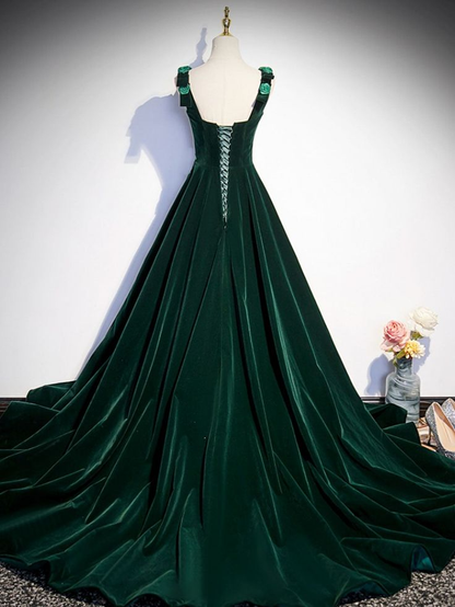 Robe de soirée longue en velours vert coupe trapèze J4655