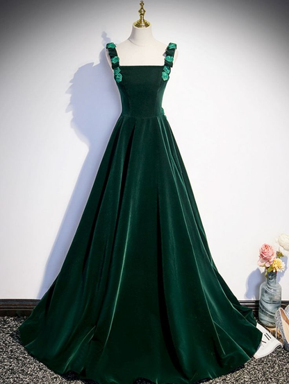 Robe de soirée longue en velours vert coupe trapèze J4655