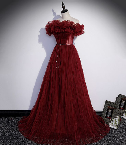 Robe de soirée longue en tulle bordeaux J4657