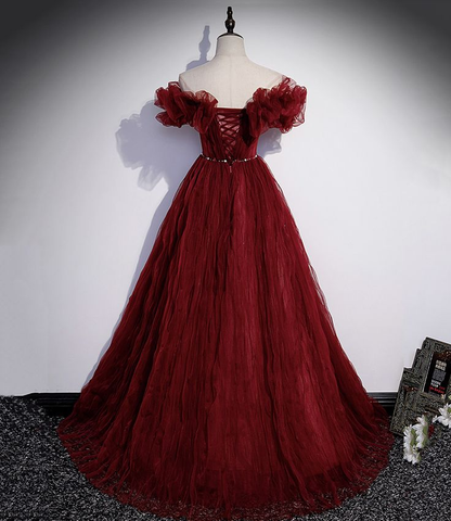 Robe de soirée longue en tulle bordeaux J4657