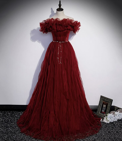 Robe de soirée longue en tulle bordeaux J4657