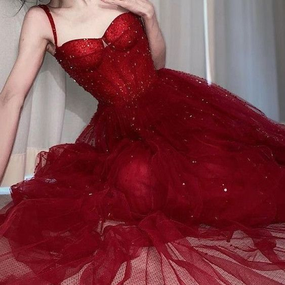 Robe de soirée rouge trapèze sexy longue en tulle J4658