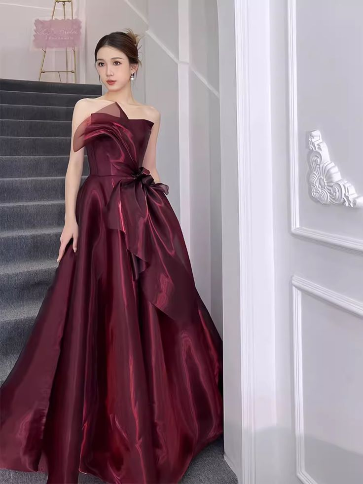 Strapless Burgundy Organza Prom Dresses Evening Dress J4659