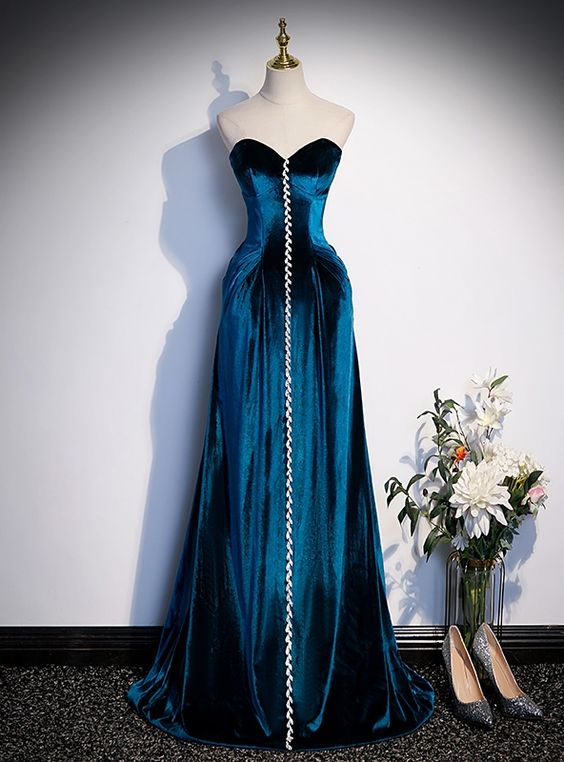 Blue Velvet Strapless Long Prom Dress A Line Formal Dress J4660