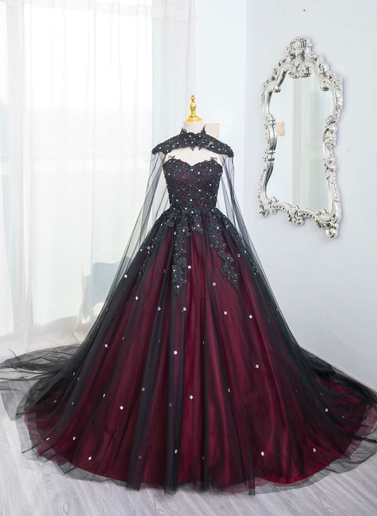 Gorgeous Black And Red Tulle Ball Gown Sweet 16 Dress With Cape J4663