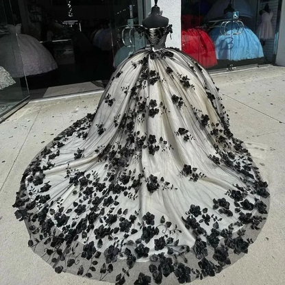 Robe de princesse noire pour Quinceanera, tenue de fête d'anniversaire pour 16 ans, J4665