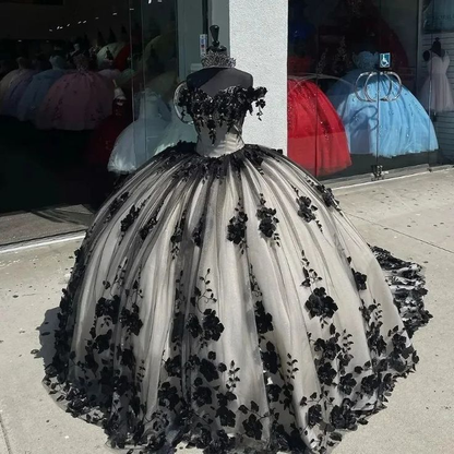 Robe de princesse noire pour Quinceanera, tenue de fête d'anniversaire pour 16 ans, J4665